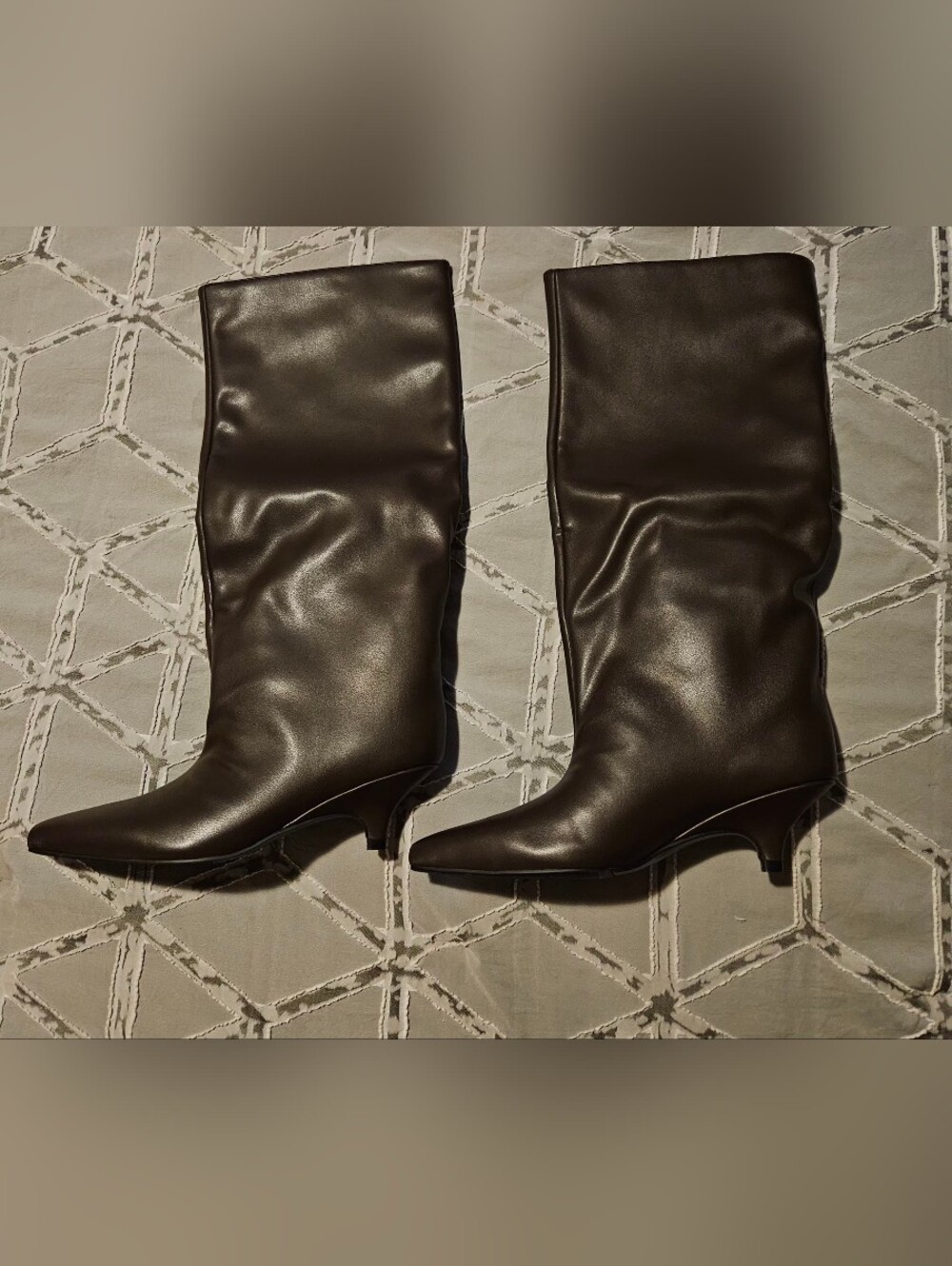 Vivianly Dark Brown Mid-Calf Pointed Toe Kitten Heel Boots